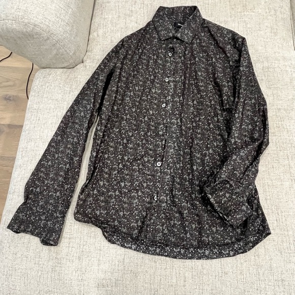 Men’s Long Sleeve Floral Print Dark Brown Sports Shirt - Picture 1 of 4